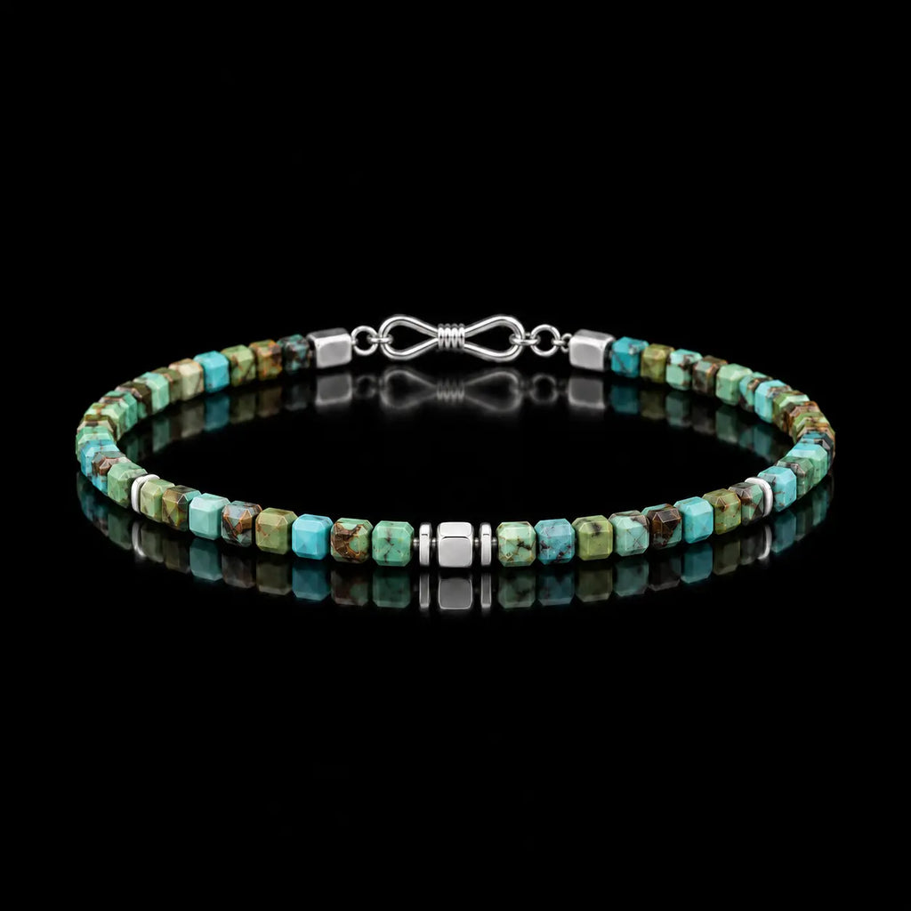 Natural turquoise cube bracelet with S925 silver center, shown in a complete front view.