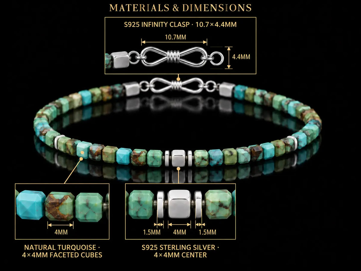 Materials and dimensions of the natural turquoise beads, S925 silver center and infinity clasp.