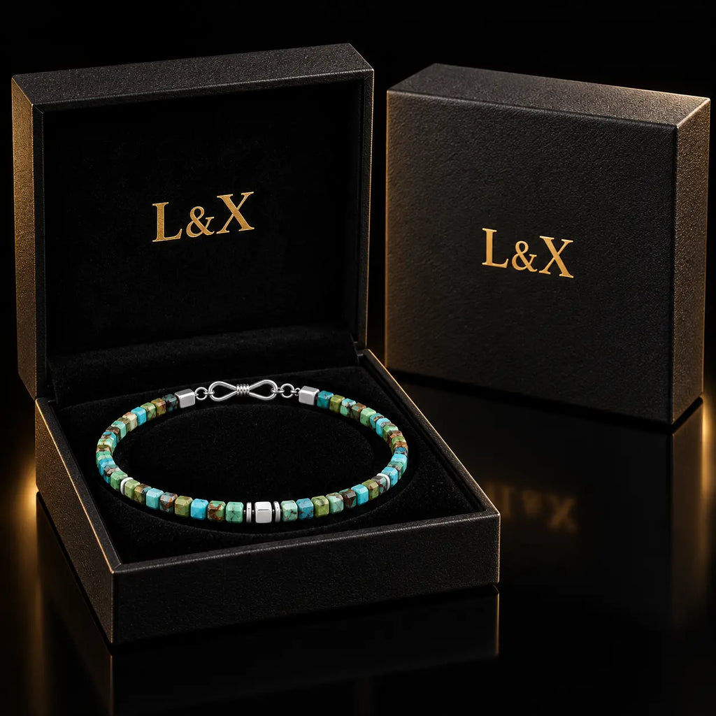 Natural turquoise cube bracelet presented inside the black and gold L&X jewelry box.