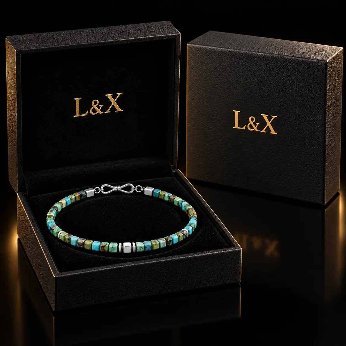 Natural turquoise cube bracelet presented inside the black and gold L&X jewelry box.