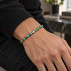 Natural turquoise cube bracelet worn alone on a man's wrist at realistic 4MM scale.