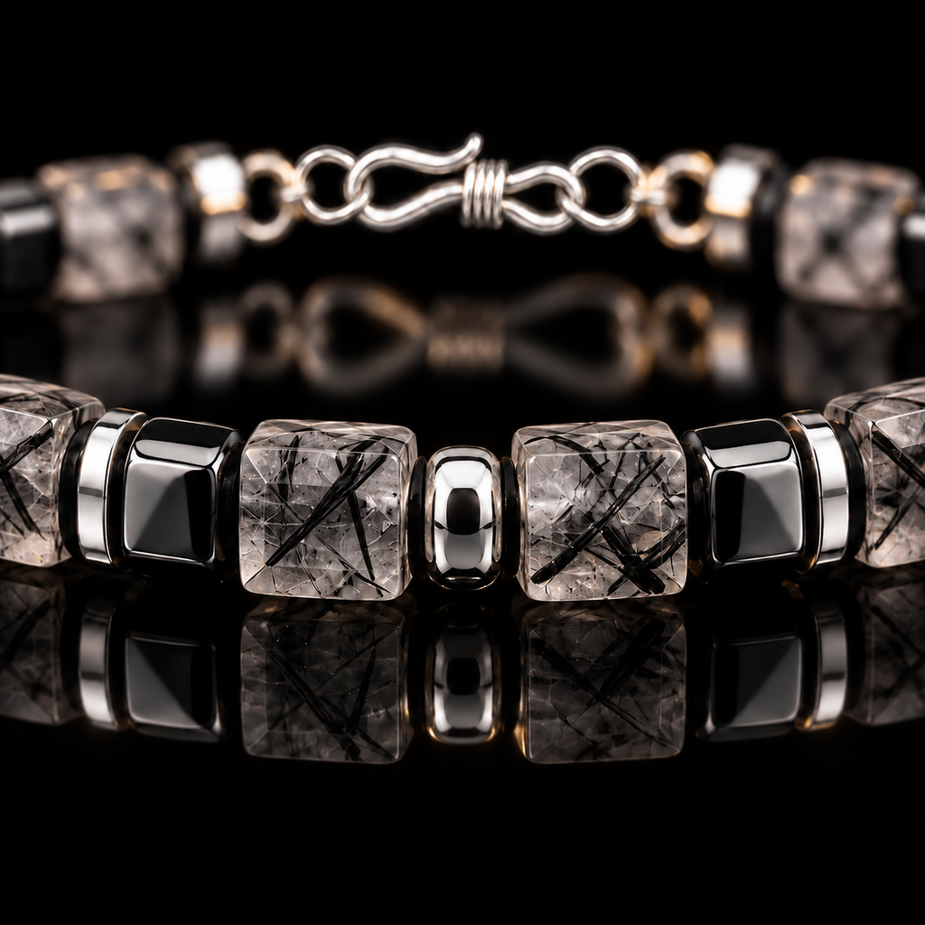 Close-up of black rutilated quartz cube beads, dark accents and selected S925 silver spacers
