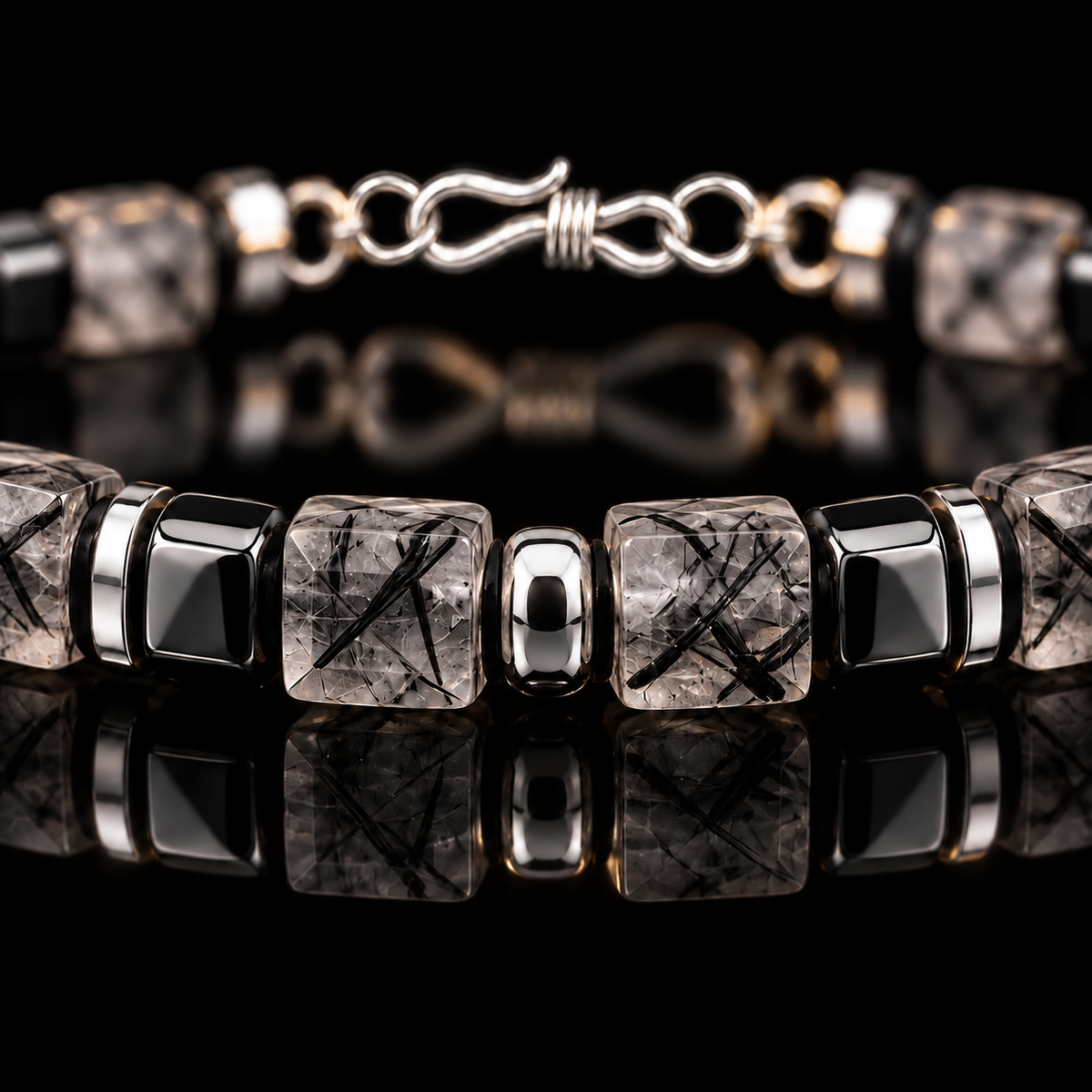 Close-up of black rutilated quartz cube beads, dark accents and selected S925 silver spacers