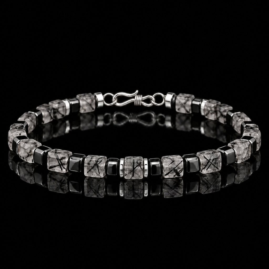 Black rutilated quartz 4 to 4.5mm bracelet worn on wrist