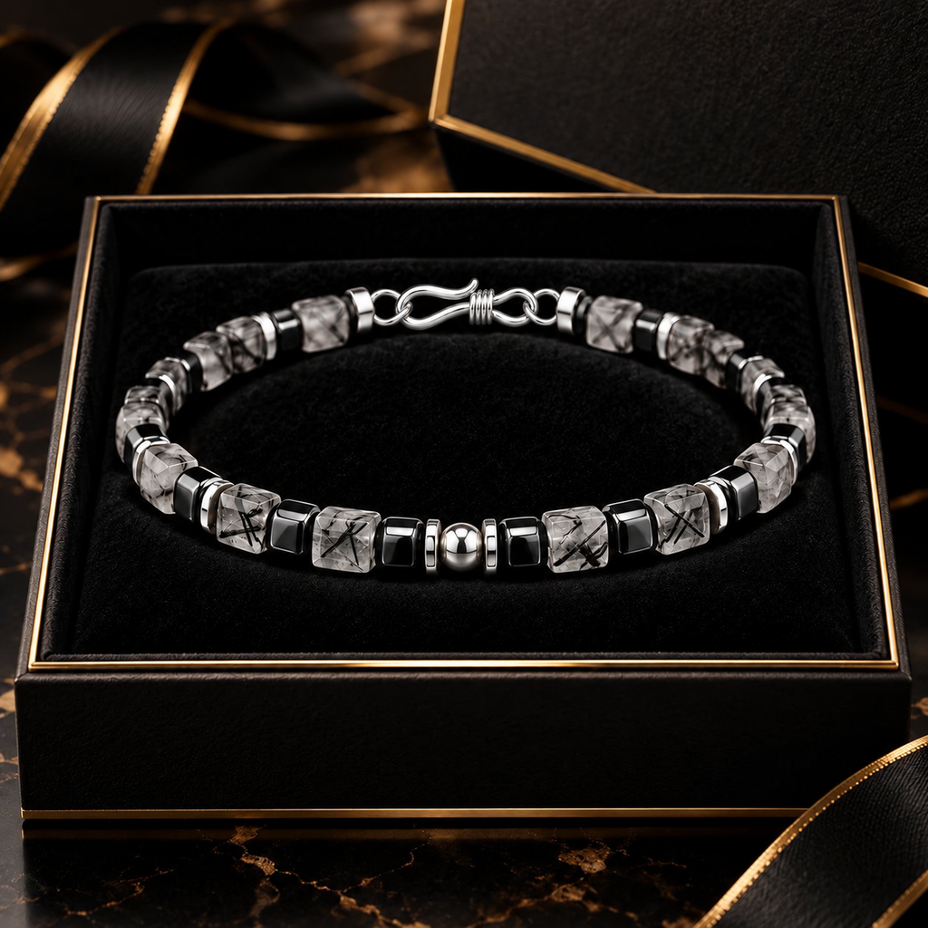 L&X black rutilated quartz bracelet in premium black and gold gift box