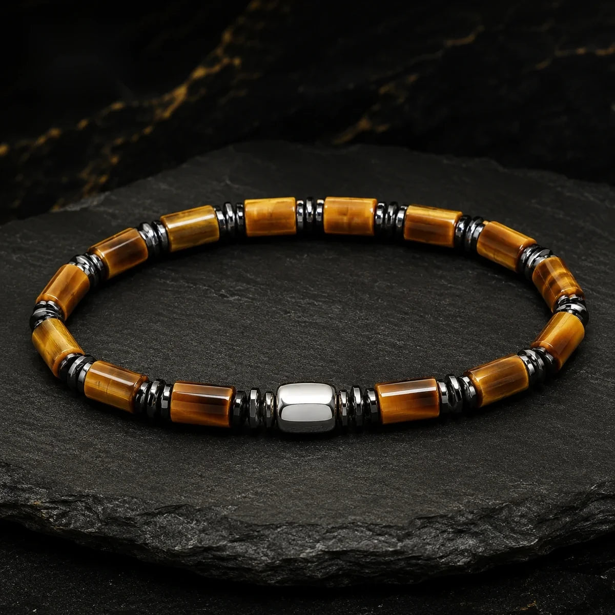 Tiger Eye & Hematite Slim Bracelet with S925 Silver