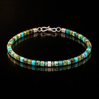 Natural turquoise cube bracelet showing its full construction and small S925 infinity clasp.