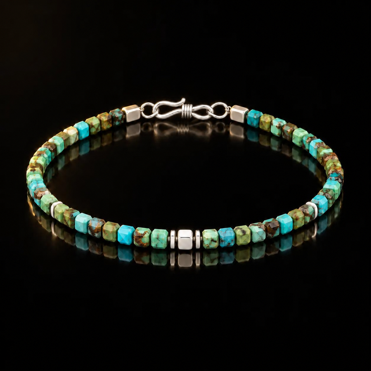 Natural turquoise cube bracelet showing its full construction and small S925 infinity clasp.
