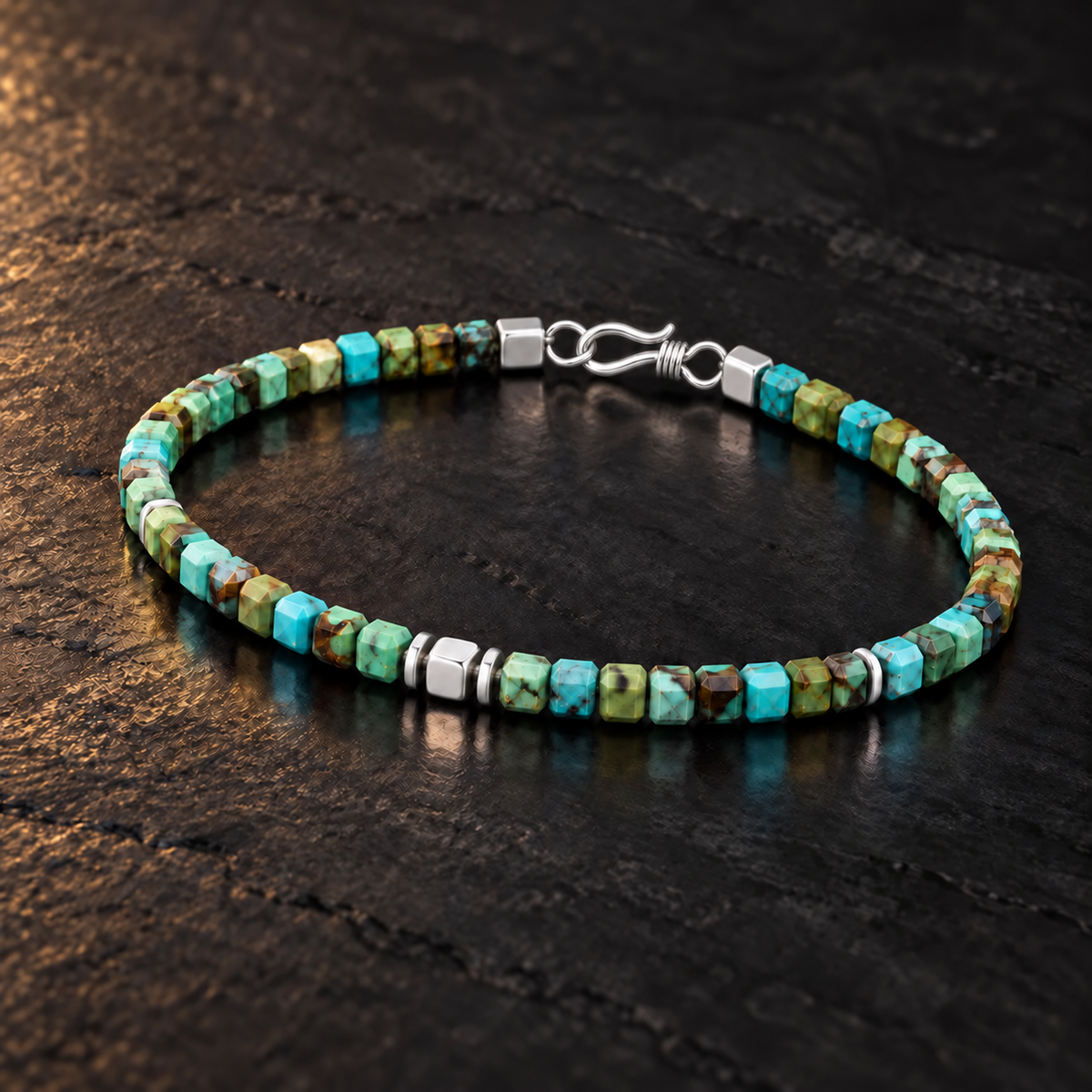 Natural turquoise faceted cube bracelet shown at a 45-degree angle to reveal color and surface variation.
