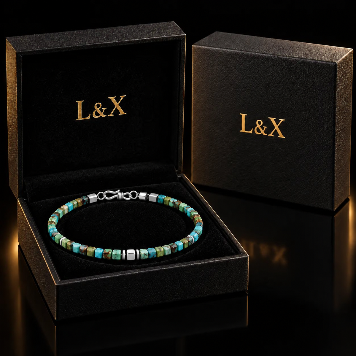 Natural turquoise cube bracelet presented inside the black and gold L&X jewelry box.
